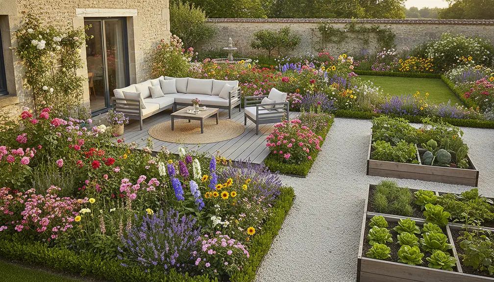 Jardin aménagé avec terrasse bois composite, massifs fleuris colorés, allée gravier blanc et potager surélevé, lumière naturelle