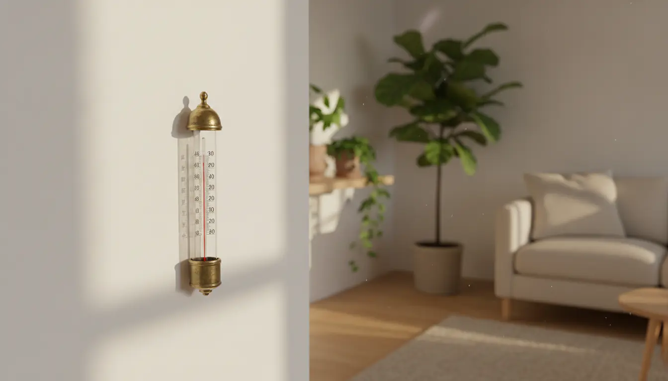 Thermomètre décoratif intérieur vintage en laiton et verre accroché sur un mur blanc, salon scandinave avec bois clair et plantes vertes, lumière naturelle