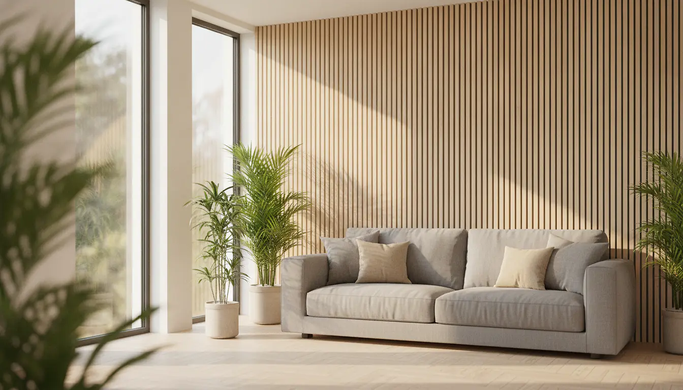 Salon avec mur accent habillé de panneaux décoratifs bois chêne clair en lattes verticales, ambiance nordique naturelle et chaleureuse
