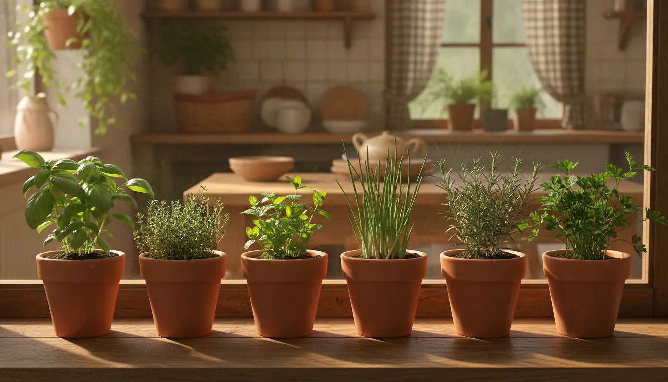 Rangée de pots d'aromatiques en terre cuite sur rebord de fenêtre ensoleillé, cuisine lumineuse