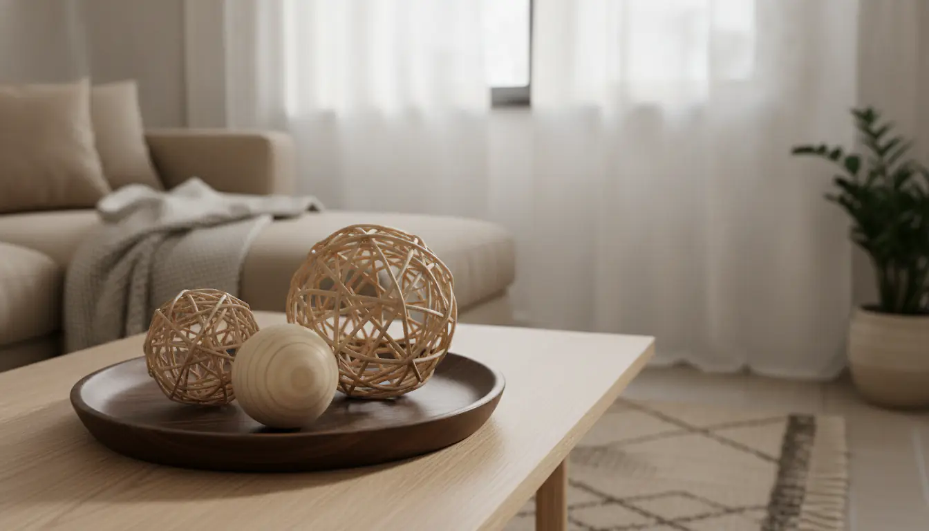 Boules décoratives en rotin et bois naturel sur un plateau en bois sombre, salon scandinave lumière naturelle douce