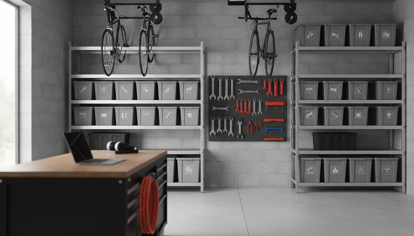 Garage organisé avec étagères murales métalliques, panneau perforé et vélos suspendus au plafond