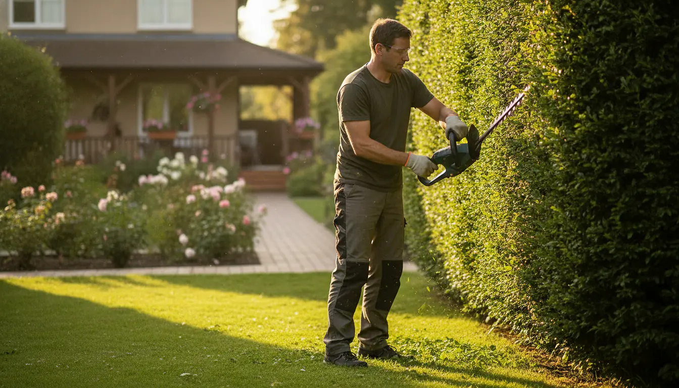 Jardinier taillant une haie verte bien entretenue avec un taille-haie électrique