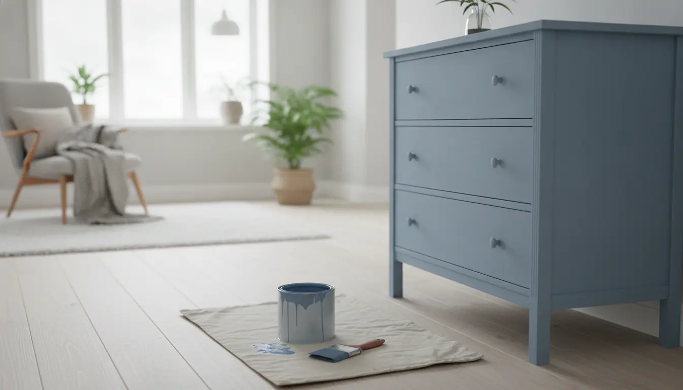 Commode en bois repeinte en bleu poudré avec pinceau et pot de peinture posés à côté