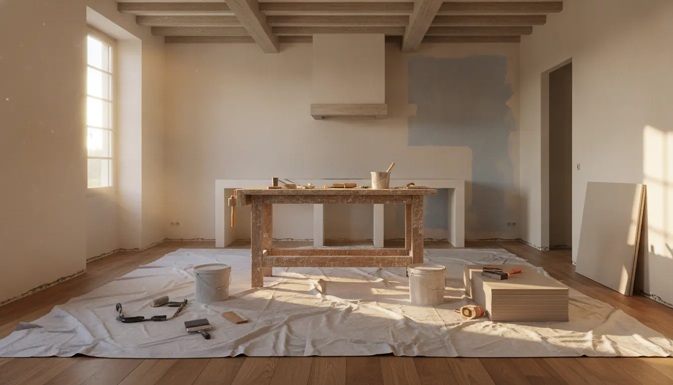Chantier de rénovation intérieure d'une maison avec murs en travaux et outils au sol