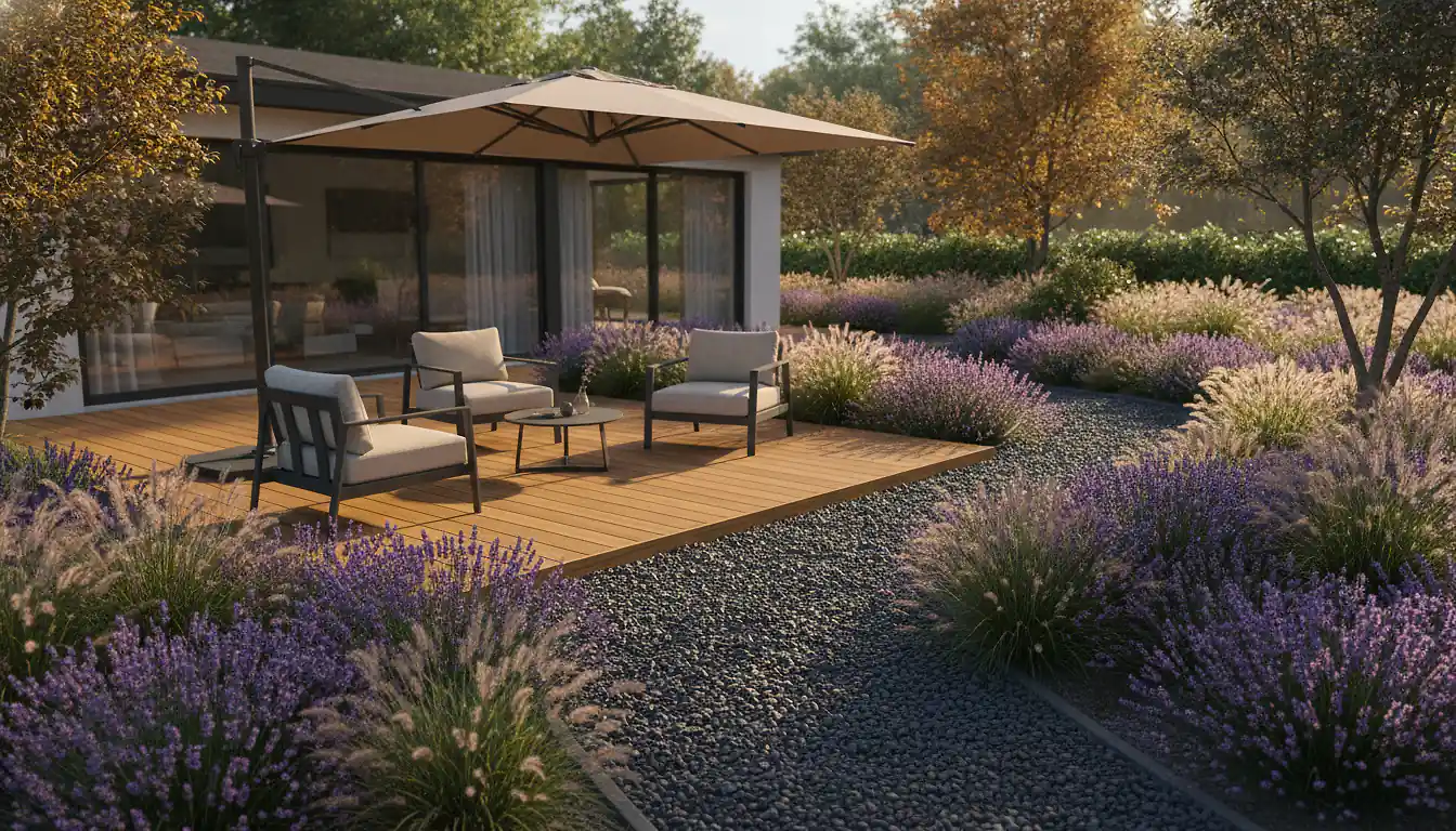 Jardin résidentiel aménagé avec terrasse en bois, allée en gravier décoratif gris et massifs de lavande, lumière dorée de fin d'après-midi