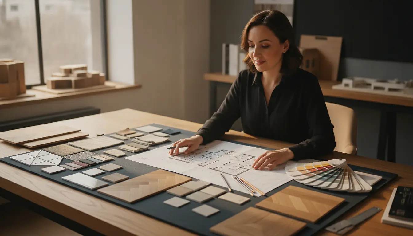 Décoratrice professionnelle à son bureau avec moodboard de matériaux, nuancier de couleurs et plan d'appartement, lumière naturelle